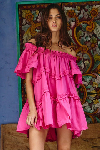 Tiered Babydoll Vacation Dress Off-Shoulder Beach & Resort Mini Dress | SeeSaw Boutique Fuchsia / M Tiered Babydoll Vacation Dress Off-Shoulder Beach & Resort Mini Dress | SeeSaw Boutique Fuchsia / M