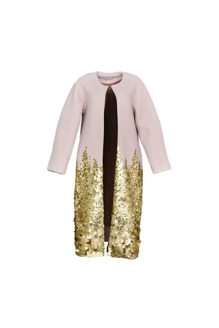 beige coat with gold sequin trim on a white background