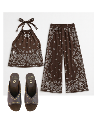 Brown Paisley Wide Leg Outfit Set