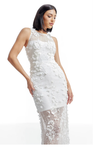 White 3D Floral Appliqué Midi Dress – Pearl Embellished