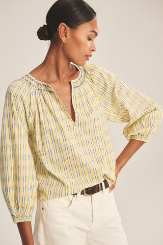 Yellow & Blue Printed Blouse – Smocked Neck Everyday Top
