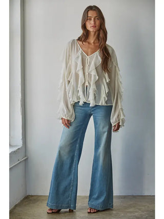 Ruffled V-Neck Button Down Blouse