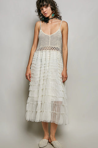 Crochet Lace Ruffle Midi Dress