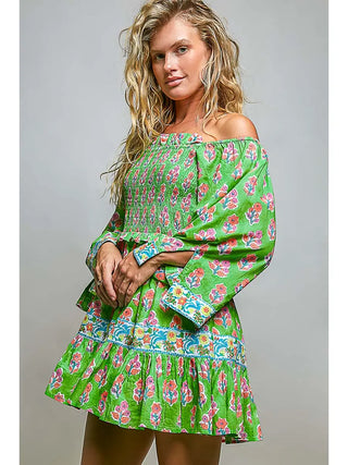 Green Floral Off Shoulder Smocked Mini Dress