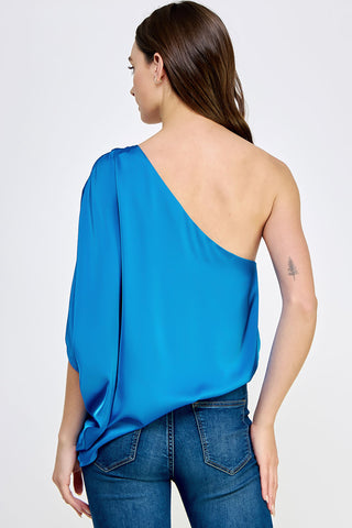 Blue Satin One Shoulder Draped Blouse