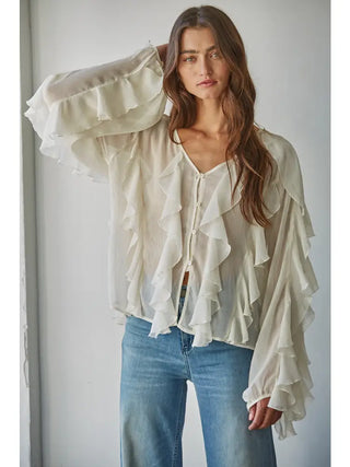 Ruffled V-Neck Button Down Blouse