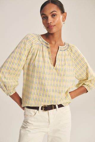 Yellow & Blue Printed Blouse – Smocked Neck Everyday Top