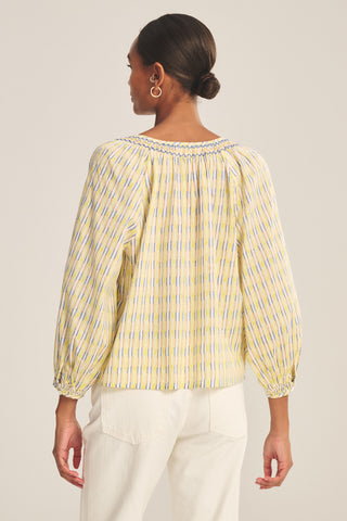 Yellow & Blue Printed Blouse – Smocked Neck Everyday Top