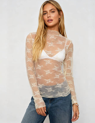 Floral Lace See Through Mesh Top with Thumbholes