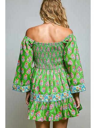 Green Floral Off Shoulder Smocked Mini Dress