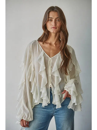 Ruffled V-Neck Button Down Blouse