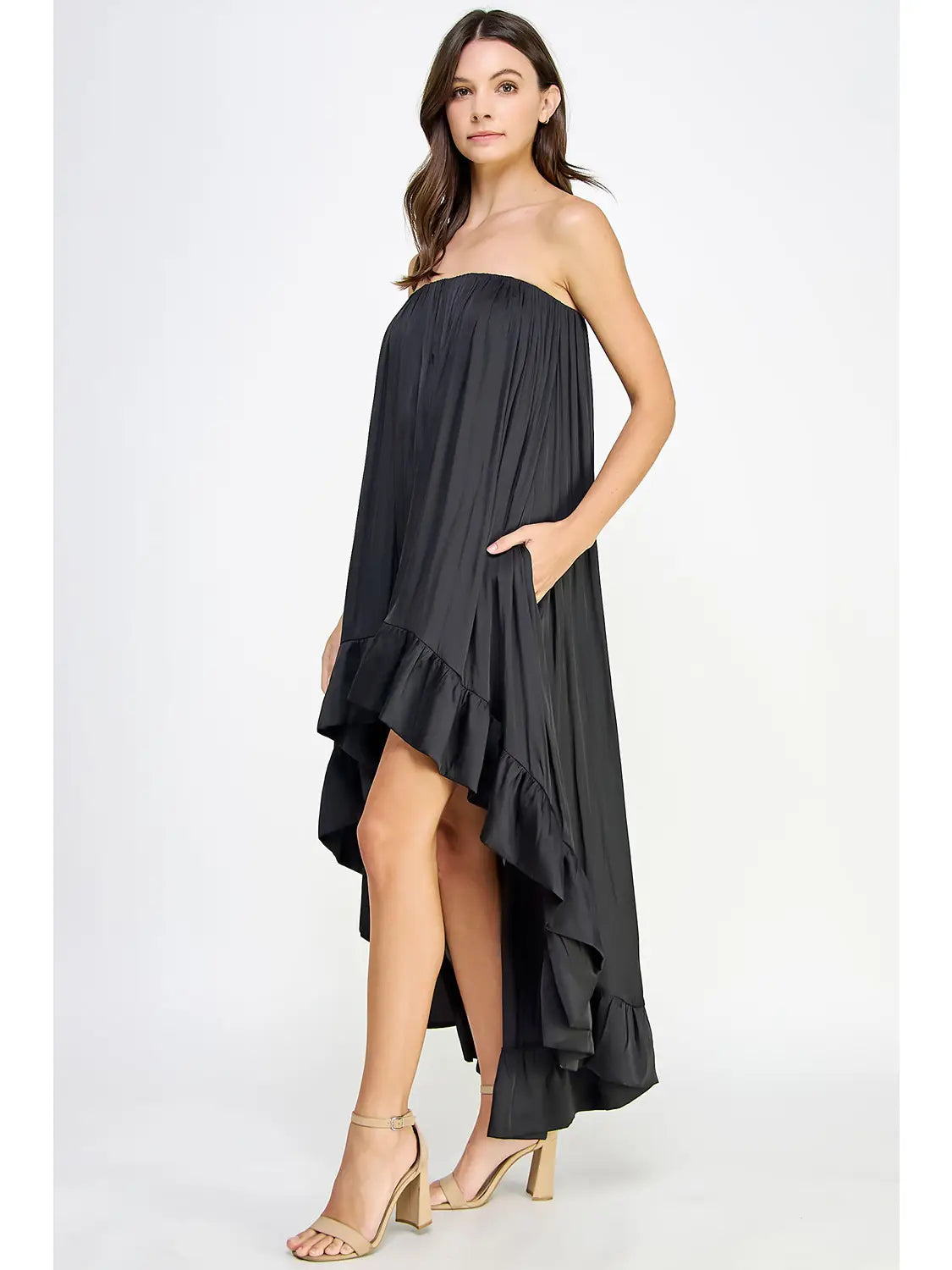 Black Strapless Satin High Low Dress for Women SeeSaw Boutique Black Strapless Satin High Low Dress for Women SeeSaw Boutique