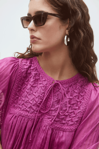 Pink Cotton Mini Dress – Flowy Long Sleeve Summer Dress