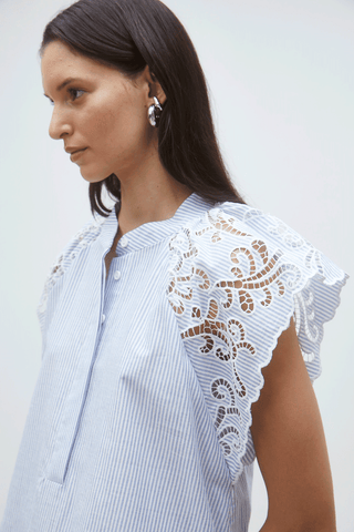 Cotton Mini Dress – Blue Embroidered Sleeve Shift Dress