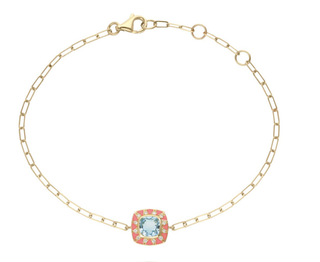 Van Den Abeele Stella Bracelet 18K Yellow Gold Blue Topaz Stone Cabochon Star Shape Pink Enamel